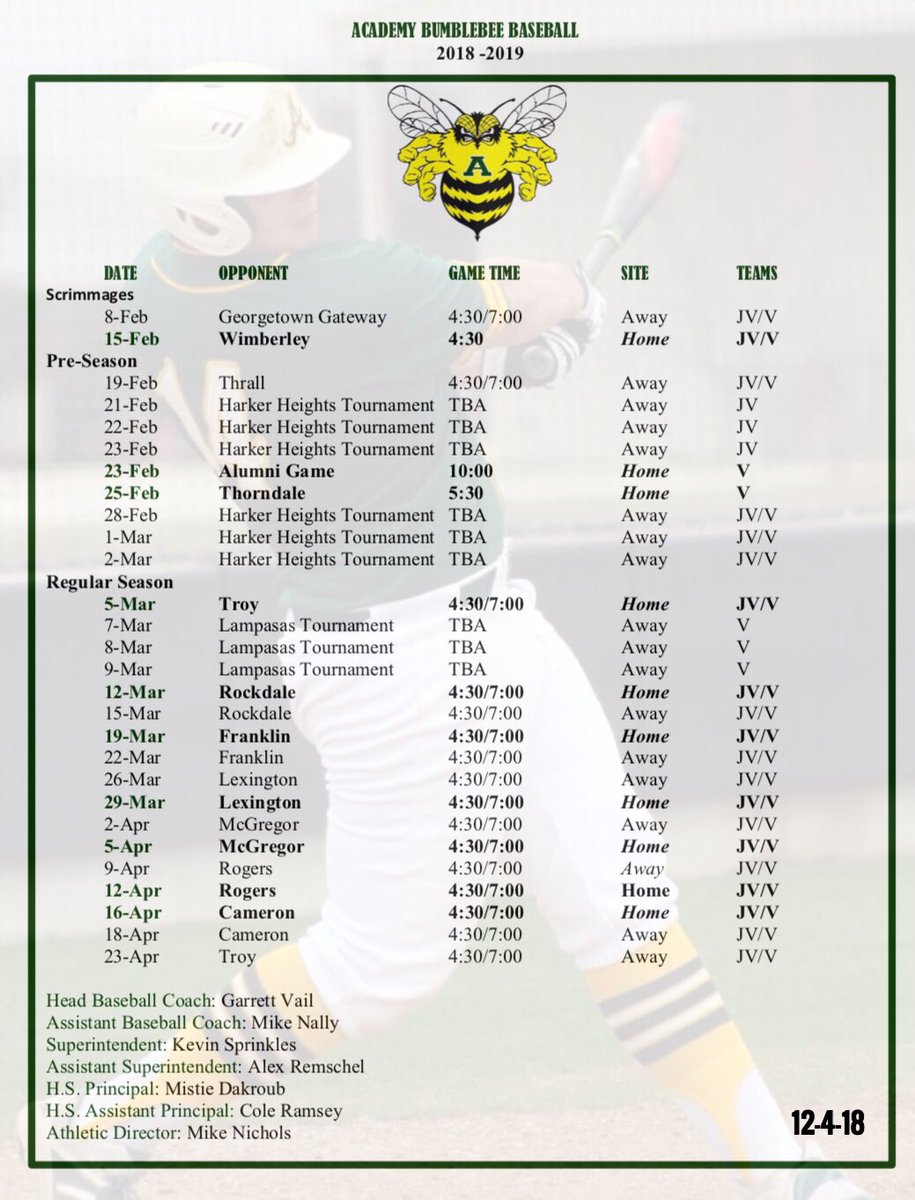 AISDBeeBoosters's tweet photo. 2019 Bee Baseball Schedule- Mark your calendars!! #AHSBeeBaseball #BumblebeeNation https://t.co/tLUP4ITumu