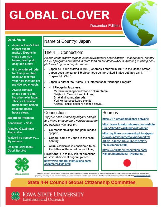TiffanyBerkenes's tweet image. COOL new initiative by the @iowa4h State Council (youth) - a monthly "Global Clover," which will highlight different countries, languages, economics, activities, &amp;amp; traditions. Did you know @4H is an INTERNATIONAL positive youth development prgrm? #4HEmpowers #4HGrowsGlobalLeaders