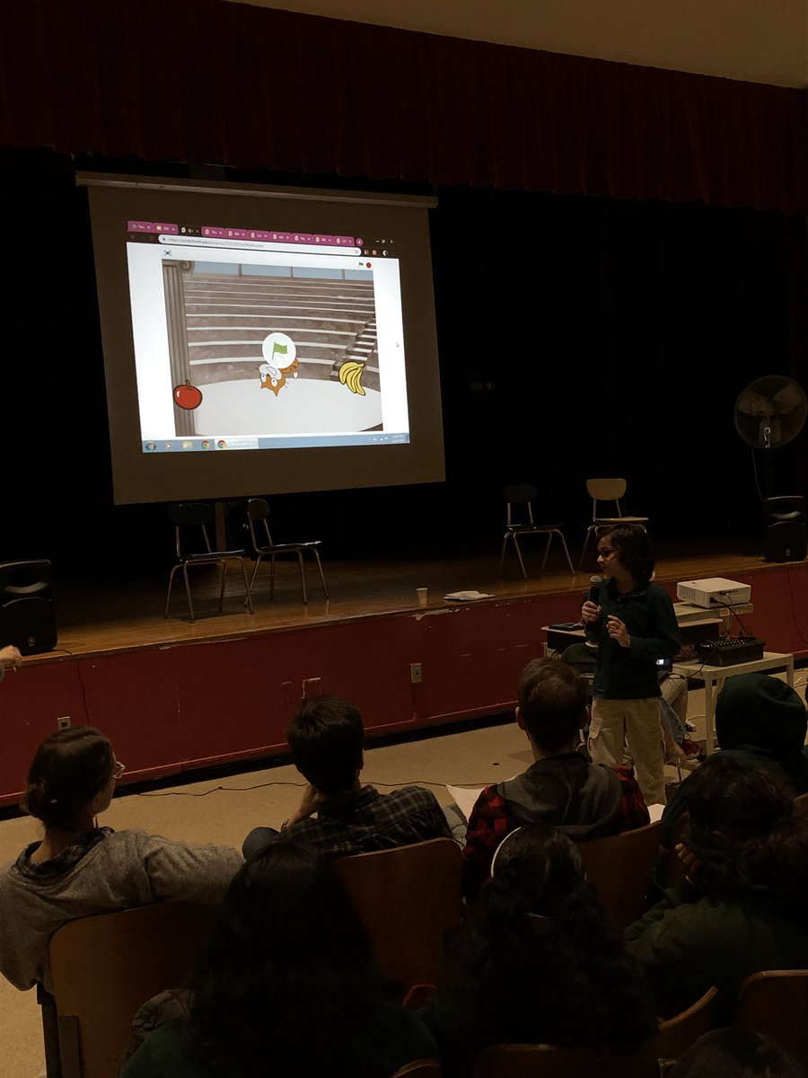 CS students explain their Scratch projects to the whole school! #csedweek2018 #CSforAllNYC #CS4ALLNYC #CSEducationWeek