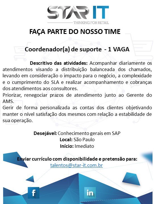 staritretail's tweet photo. Faça parte do nosso time e venha ser um STAR. 

#SERStarIT #SAP #IT #TI #tecnologia #coordenador #AMS #suporte #vaga https://t.co/TqA51ZYLtt