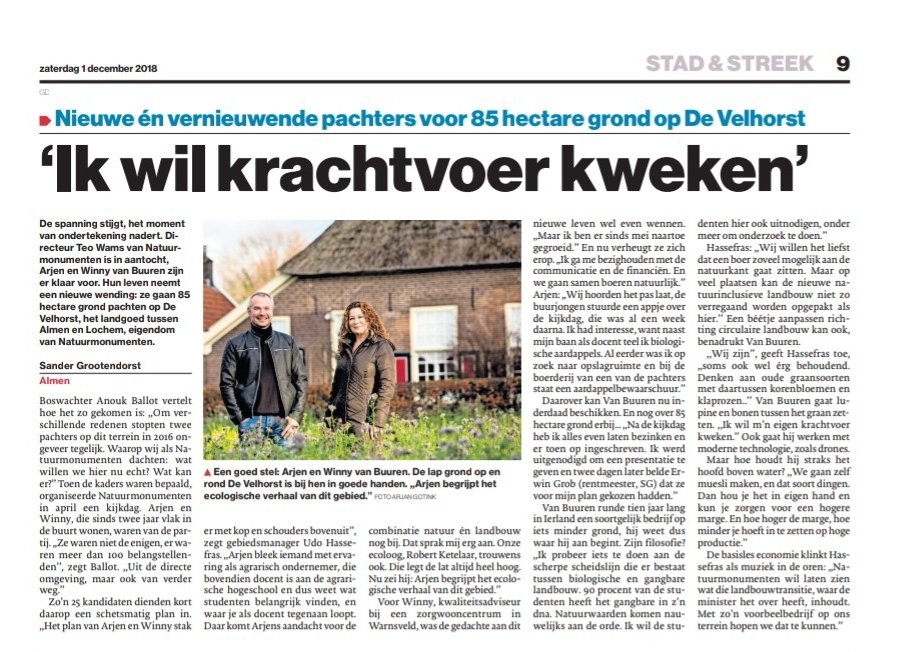 'Nieuwe én vernieuwde pachters voor 85 hectare op Velhorst' - Artikel van <a href="/sgrootendorst/">Sjoerd Grootendorst</a> in <a href="/de_stentor/">De Stentor</a>

#Natuurmonumenten #Velhorst #Biodiversiteit #Natuurinclusief #Landbouw #Akkerbouw #Lochem