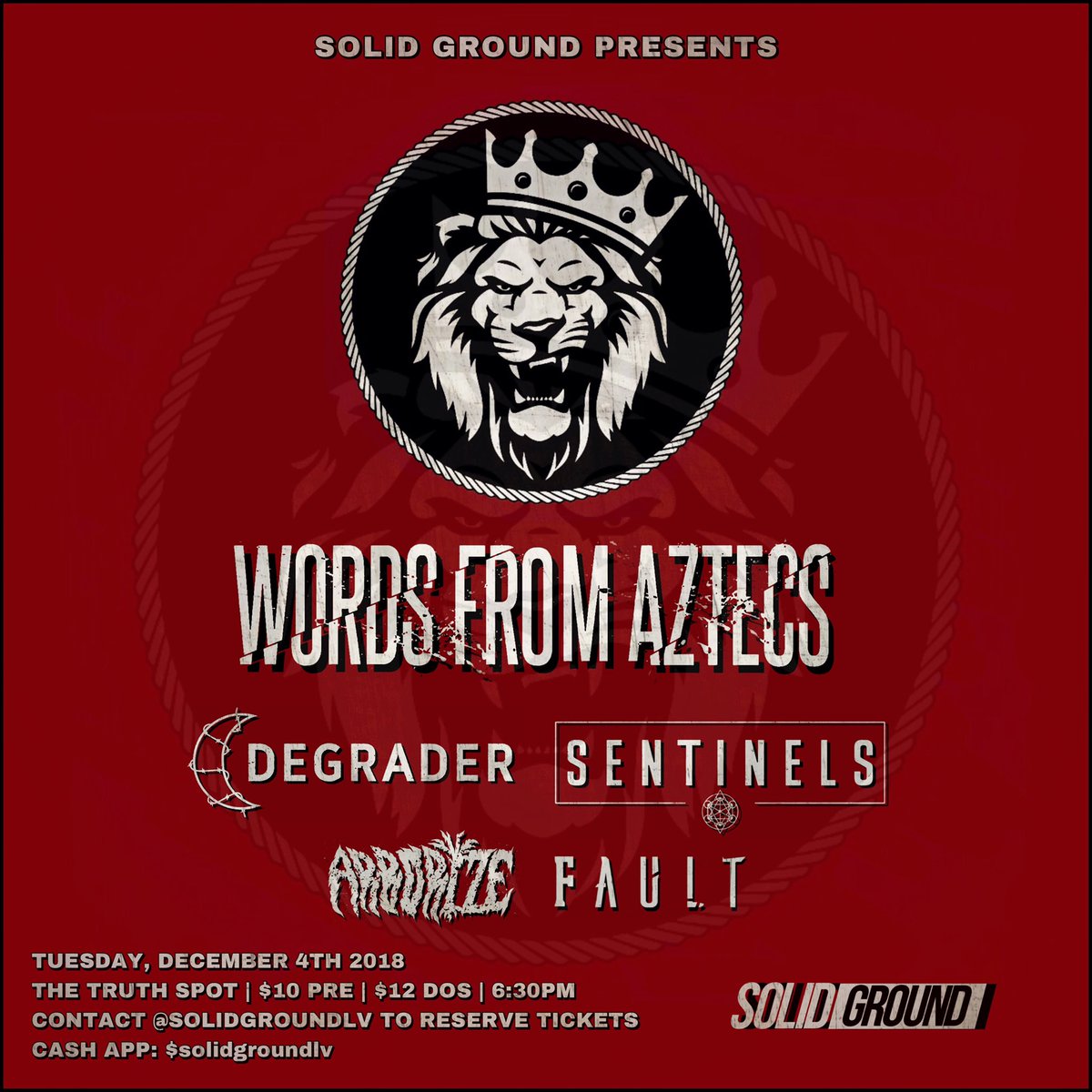 TONIGHT @ TRUTH SPOT!
Words From Aztecs, Degrader, Sentinels with Arborize &amp; Fault! 
Doors at 6:30pm first band shortly after. 
DM us ASAP for last minute tickets!
SHARE AROUND!!