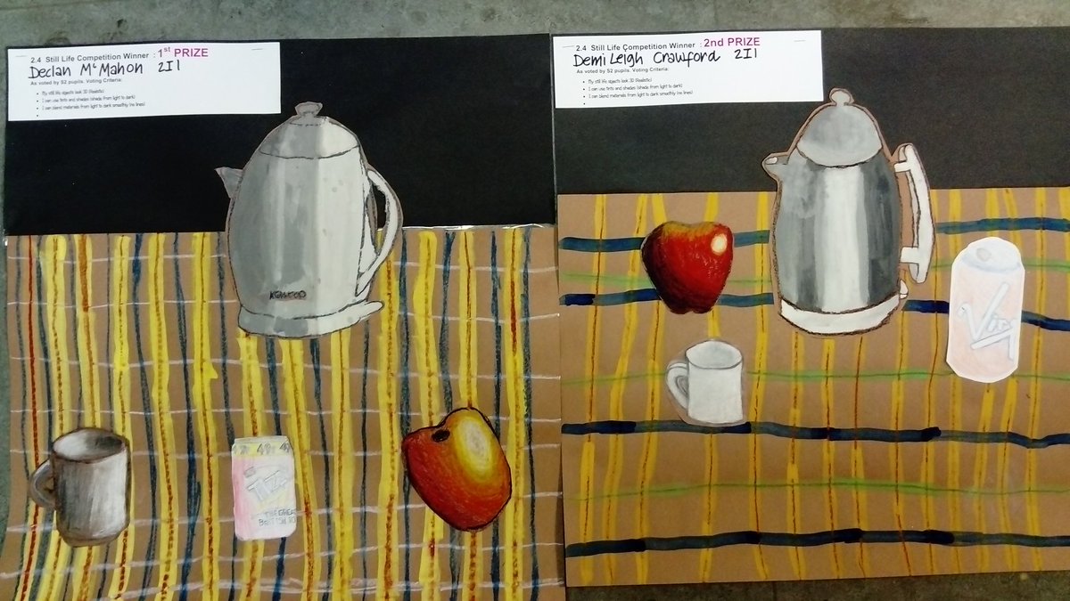 Congratulations 2.4 Still Life Prizewinners 1st Prize Declan McMahon 2I1 2nd Prize DemiLeigh Crawford 2I1
