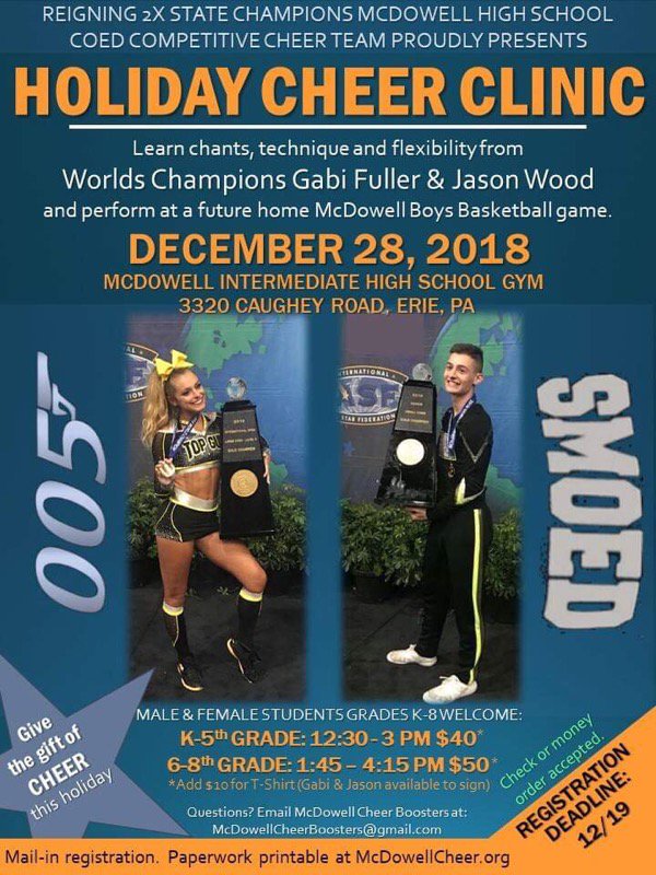 mcdowell_cheer's tweet photo. Our comp team proudly presents a Holiday Cheer Clinic with Worlds' Champions Gabi Fuller &amp; Jason Wood. If you have a child in grades K-8, why not give them the gift of CHEER this year? Sign up today by completing a printable registration form at https://t.co/3xIlRxDGKX. https://t.co/KJD3ovCiHh