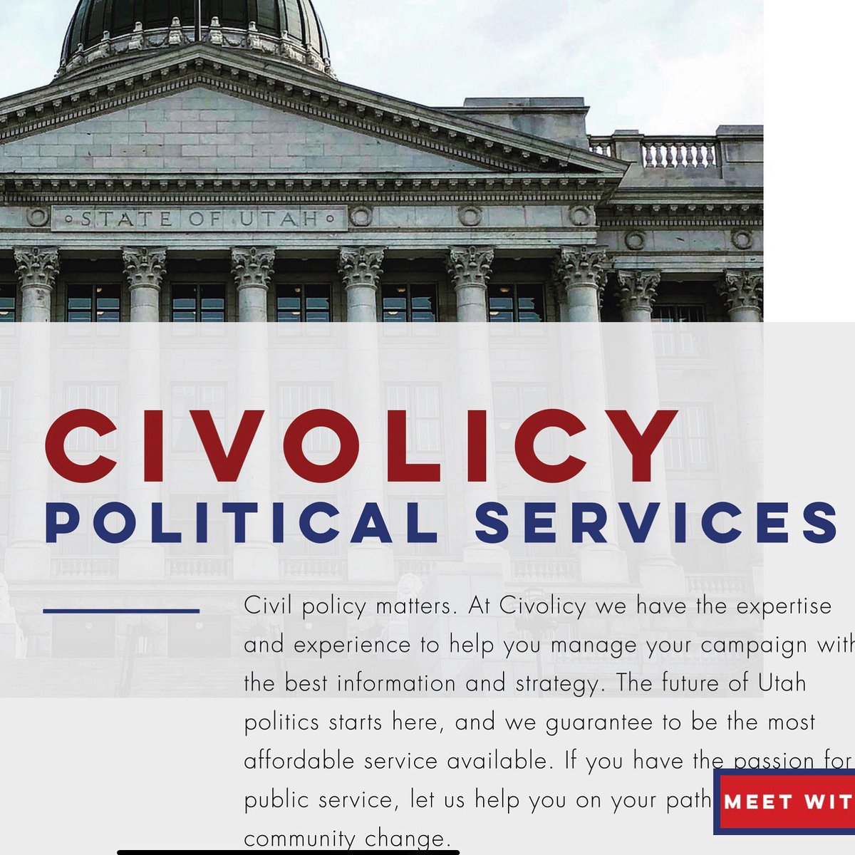 civolicy's tweet photo. The future of politics starts here! Civolicy is now primarily focused on providing political services to local campaigns. We are affordable and don’t cater to only one party because we want the best candidates to succeed. Visit us at https://t.co/D4vUMT5jM5 #utpol #utah https://t.co/tCWiHesQkU