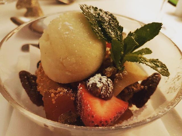 BoysEatScotland's tweet photo. Pecan Nut Cheesecake Trifle at @knockendarroch -  candied pecan, poached pear,  Granola, quince jelly and pear sorbet.  Hand up if you think this combination works!  It does!  It was amazing 😍 https://t.co/OSQSOOXnJO https://t.co/nupsdm8sDw