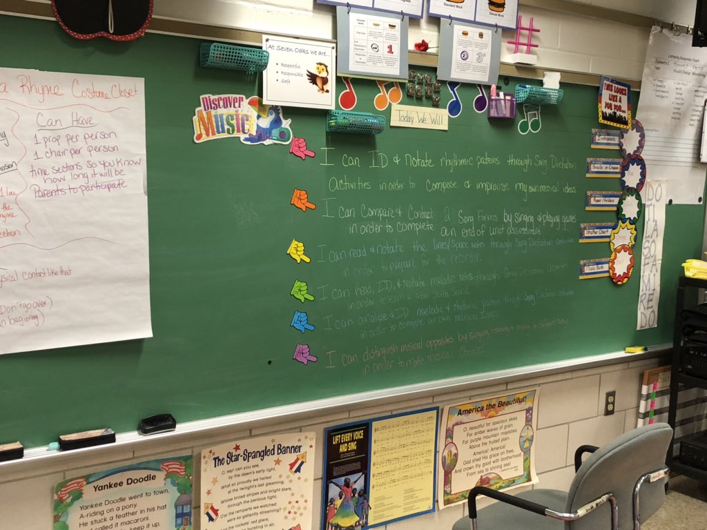 SOMusicalMoss's tweet photo. Putting together my new Learning Objectives with the #WhatHowWhy format using liquid chalk to make transitions between multiple classes a week a bit easier. (Next time I will probably even color code the magnets & chalk color!) 🤦🏻♀️ 🤔 #BCPS @FortkampBre @SevenOaksOwls @MusicBCPS https://t.co/RK9JBek4PU