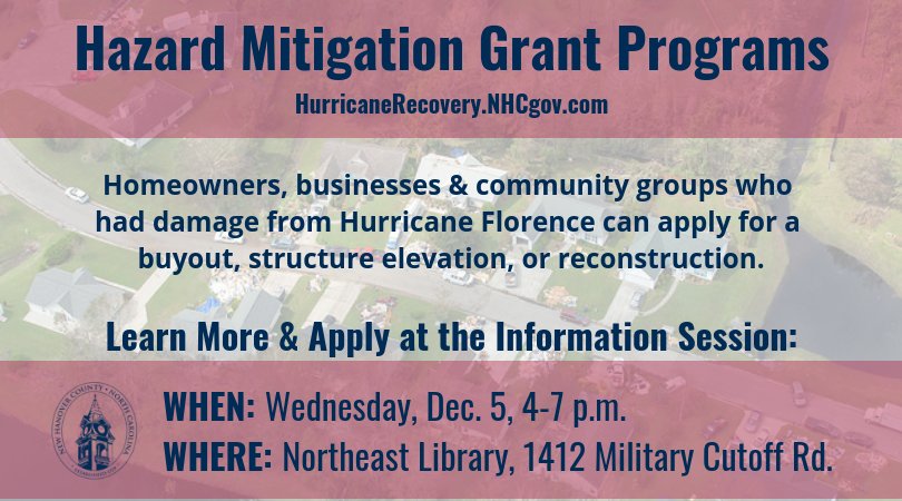 NewHanoverCo's tweet photo. Drop by the Long Leaf Room of the Northeast Library on Wednesday, 4-7pm to learn about Hazard Mitigation Grant Programs. These programs can help property owners with damage from #HurricaneFlorence relocate, elevate or rebuild. Learn more- https://t.co/rQQfeffZ21 #FlorenceRecovery https://t.co/dhNYZTGQ07