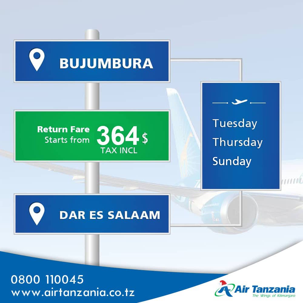 AirTanzania's tweet photo. Book and pay for your flight to Bujumbura every Tuesday, Thursday and Sunday for only Return 364$ Tax Inclusive.

Lipia tiketi yako kwenda Bujumbura kila siku za Jumanne, Alhamisi, na Jumapili kwa gharama ya 364$ ikiwa imejumuishwa na VAT

#AtclServices
#Kileleni!Twenzetu https://t.co/c2MFgpcAAL