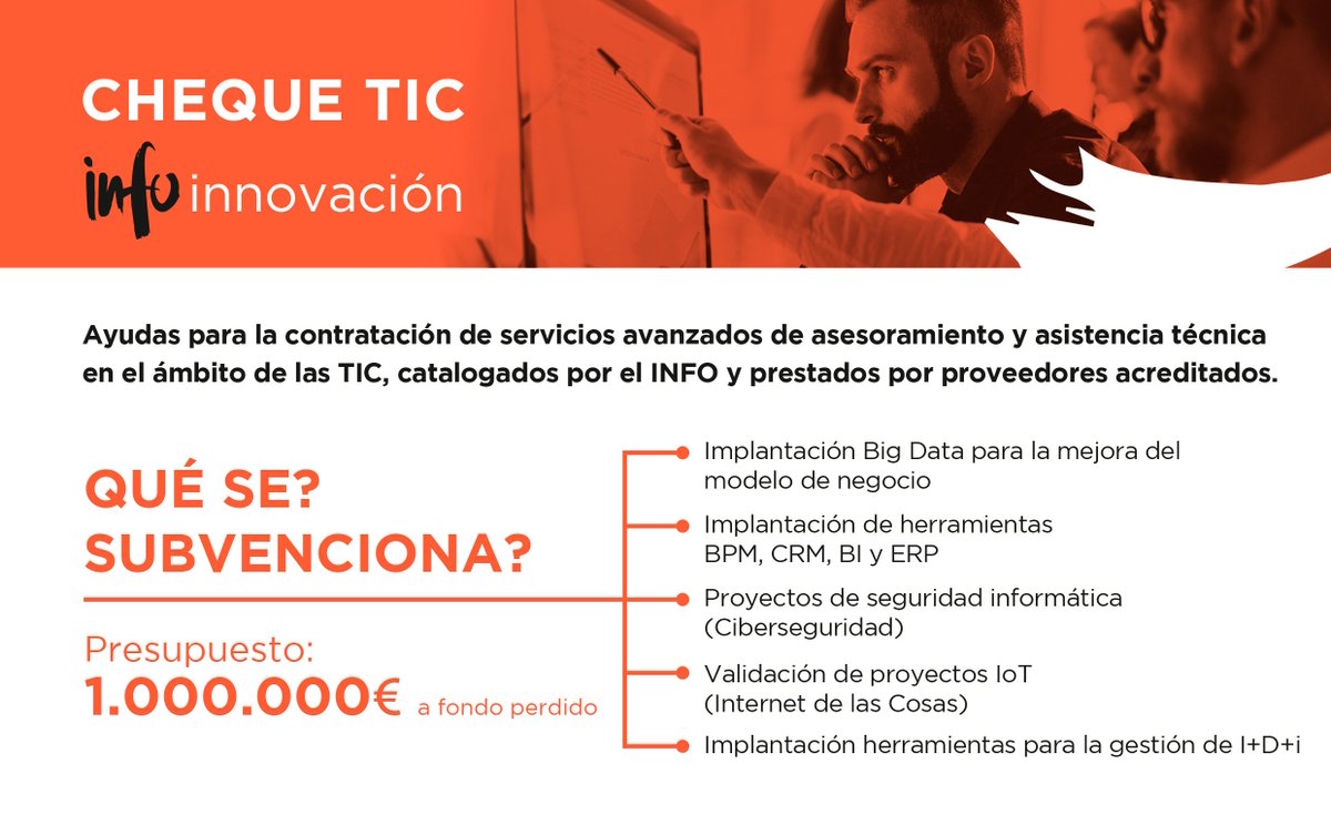 infoRMurcia's tweet photo. 💰1.000.000€ a fondo perdido 💰#Ayudas para la contratación de servicios avanzados de asesoramiento y asistencia técnica en el ámbito de las #TIC 👉https://t.co/42UqTZbnEB   @regiondemurcia #ChequeTIC #BigData #SeguridadInformática #IoT #Innovación https://t.co/YRXlWWBpct