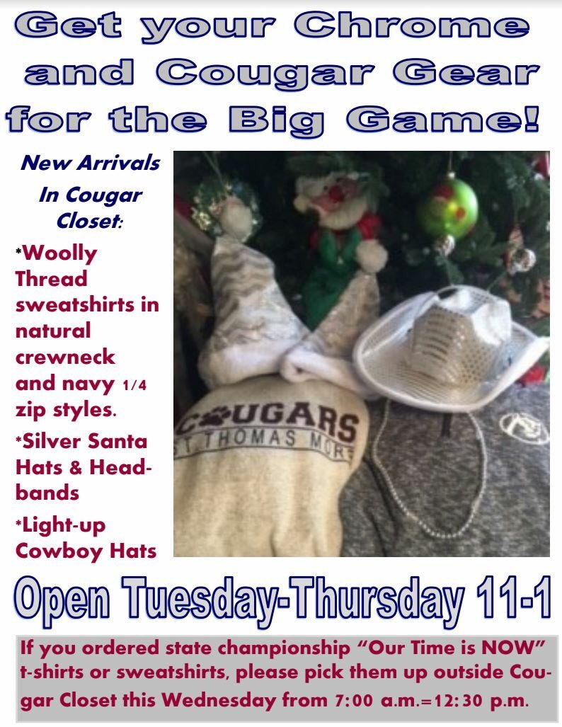 STMCatholicHS's tweet photo. Hey Cougar Fans! Preorder shirts for state championship football game will be ready for pickup Wednesday from 7 am - 12:30pm. Be sure to check out the #ChromeToTheDome fan wear! https://t.co/IaTgF5GGdC
