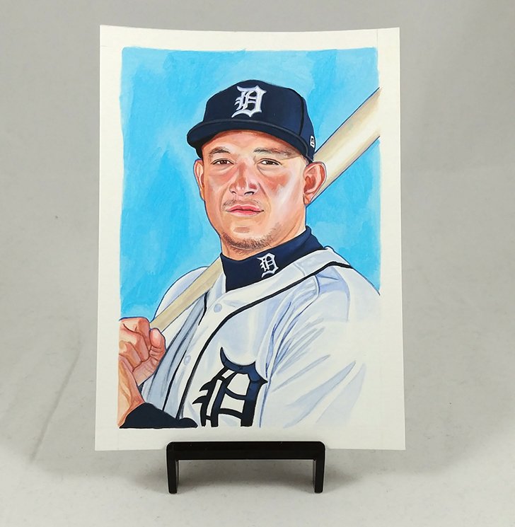 Topps's tweet image. RT + follow to win an original piece of artwork from 2018 Topps Gallery Baseball, a Walmart exclusive, of Miguel Cabrera. One random entry will win. #Topps20DaysofGiveaways #collect #thehobby