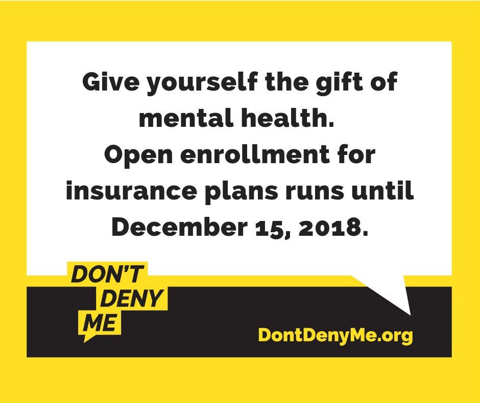 NAMICommunicate's tweet photo. Open enrollment for insurance plans runs until 12/15. This holiday season, give yourself the gift of #mentalhealth. Check your coverage and learn about your right to equal treatment: https://t.co/Q18kpTDiRS #DontDenyMe https://t.co/60LW9OtETr