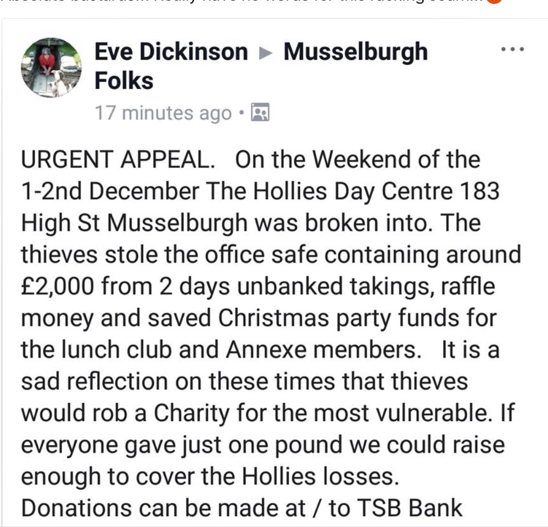 WalkWithScottFN's tweet photo. We were disgusted by this post on FB
We are a community driven charity and couldn’t let this happen .
We have just donated £2000 
Have a fantastic Xmas dinner Auld yins and a very Merry Christmas 
@alangjbell @kkidd67 @colinmcginn @blairtstewart @LothianLoop @BigScottfiBigT https://t.co/pZwZz3fmh6