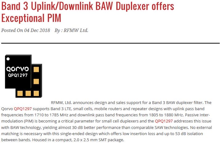 RFMWLtd's tweet image. Band 3 BAW duplexer supports LTE small cells with exceptional PIM performance
Qorvo QPQ1297

rfmwblog.com/2018/12/04/ban…

#BAW @QorvoInc #BulkAcousticWave #BAWFilter #BAWDuplexer #SmallCell #RFMW