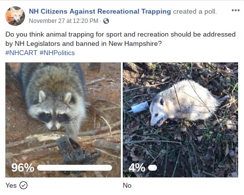 NHCART's tweet photo. The results of a poll about trapping. We need NH Legislators to help us address the concerns of the public. Only less than 500 trappers in the state, the majority of the public want this torture to end! #NHPolitics #NHTrapping #TrappingIsTorture #NHCART https://t.co/zZspBo8BBU