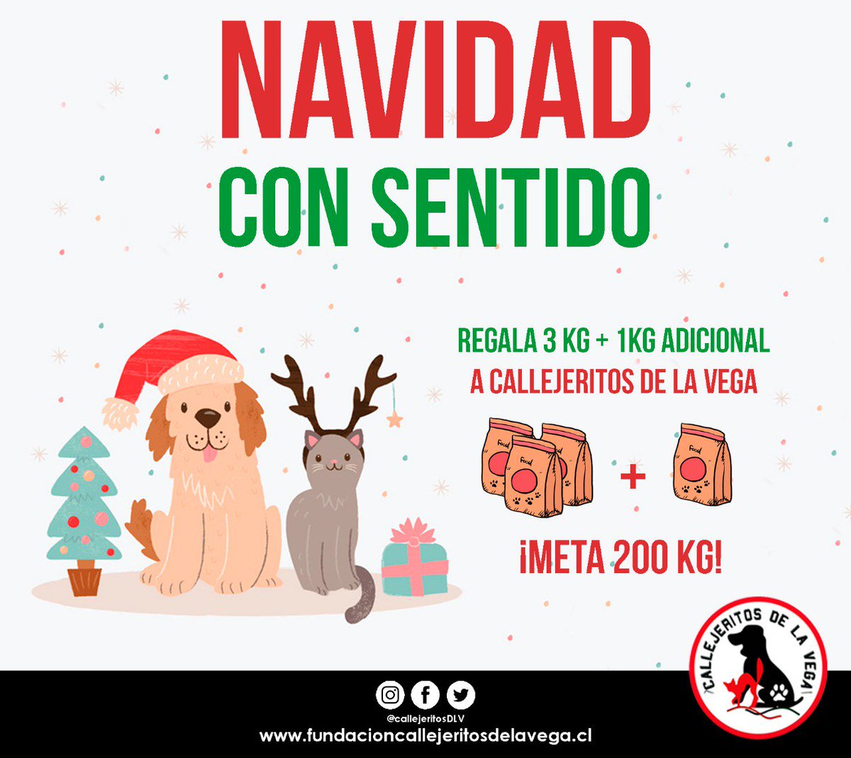 callejeritosDLV's tweet photo. no se olviden quedan pocos días de la campaña #navidadconsentido hasta el 8 de diciembre, tu puedes ayudar por solo 5 lukitas nos donas 4 kilos de alimento  la  meta 200 kilos #fundacioncallejeritosdelavega @barrioanimalchile https://t.co/GTUqdjvSvB