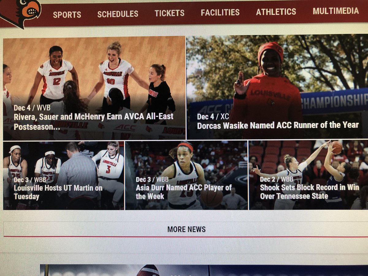 TyYates17's tweet photo. Front page of Louisville Athletics website today .. all focused on great women’s sports teams and our fantastic female athletes !! Can’t say that all sports don’t matter in this town .. great support for all teams in Louisville #CompleteProgram https://t.co/FBOXuWCEJp