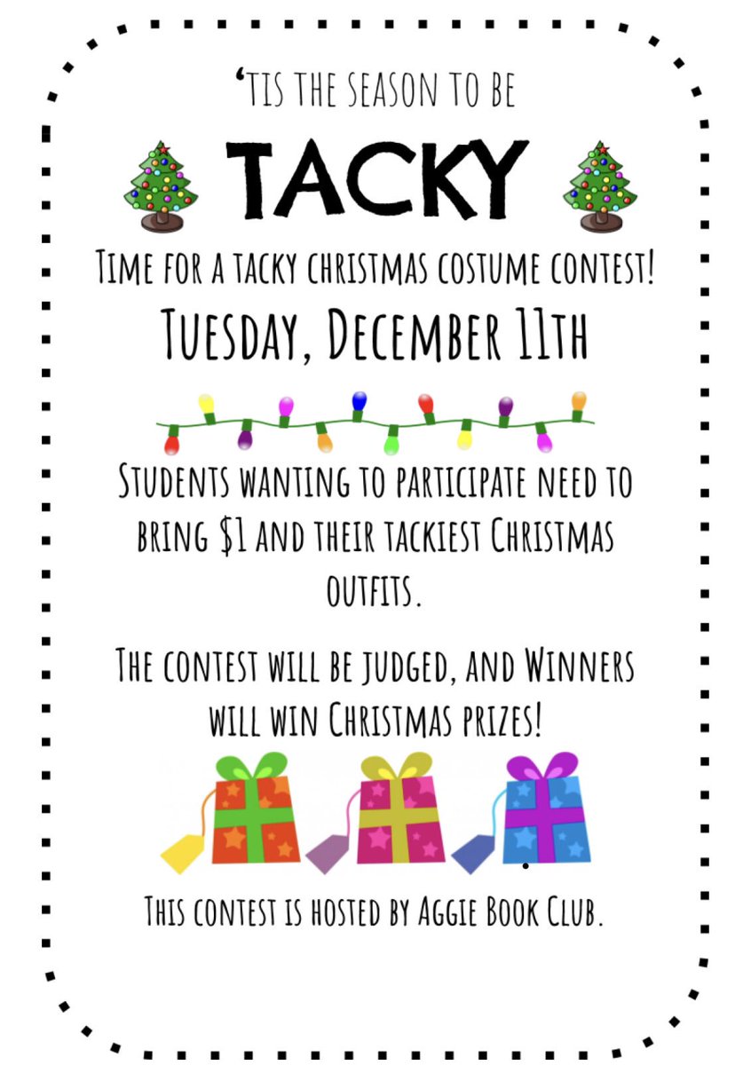 yourstoryABC's tweet photo. The Second Annual ABC Tacky Christmas Contest is right around the corner. All you need is $1 and your tackiest, wackiest Christmas gear! Enter for a chance to win Mountain Air tickets, skating passes, and candy. ALL APS and AES students, join in on the fun on December 11th! https://t.co/5wxgbtDrRU
