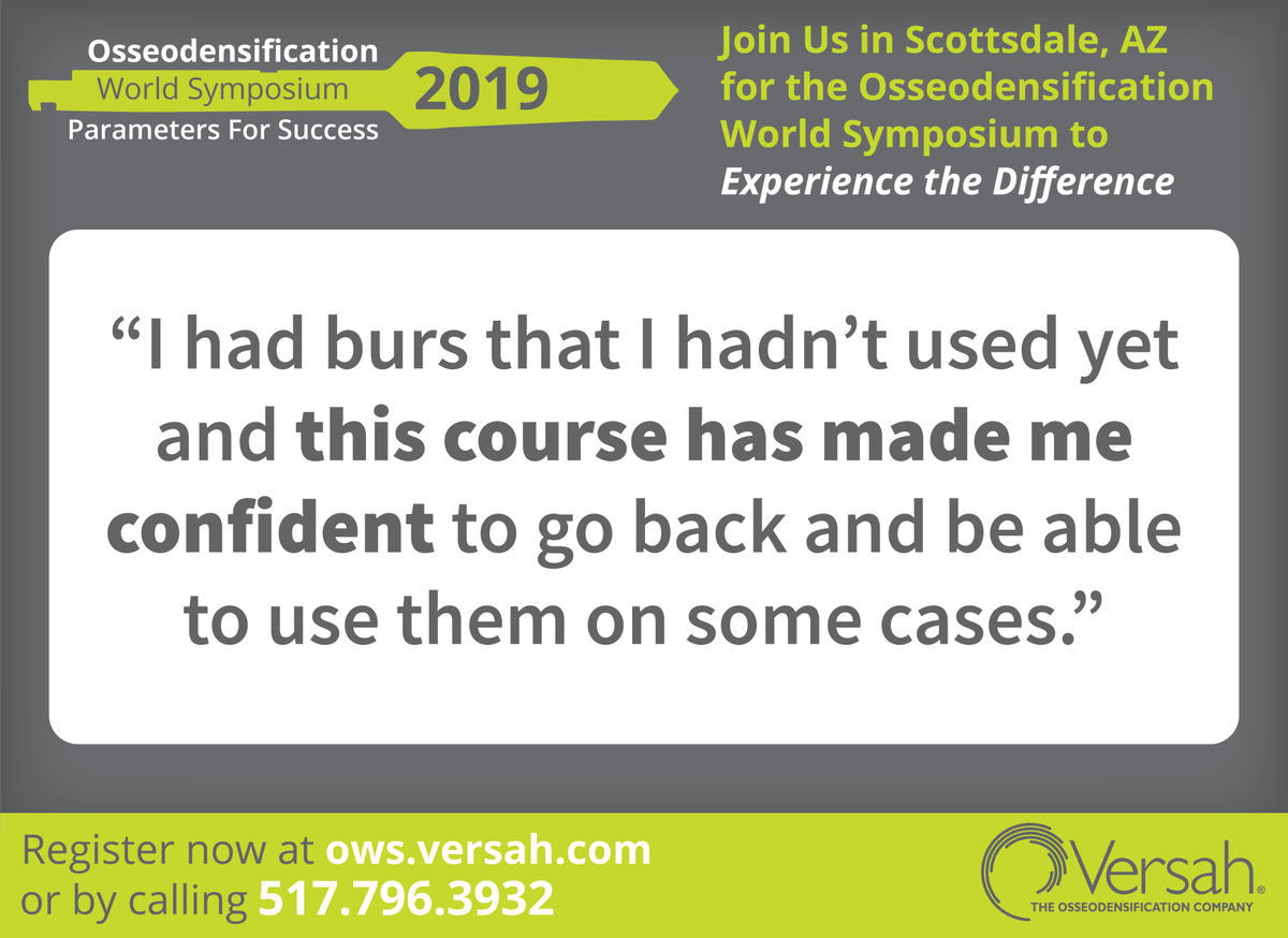 VersahLLC's tweet photo. Learn how you can further enhance your care for your patients!
Don't miss out on World Renowned Speakers, Exciting Products Unveiled, Brand New Long-Term Data Revealed, and Our Exclusive Deals!
Register Today: https://t.co/CgkzY5OywP
#VersahOWS19 #Versah #Osseodensification https://t.co/LRe6GQ45tY