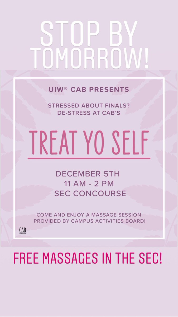 CABuiw's tweet photo. We know finals are right around the corner so stop by TOMORROW to 
de-stress get a free massage in the SEC! We'll also have snacks and coloring pages! 😊 https://t.co/gSPpc6pVWC
