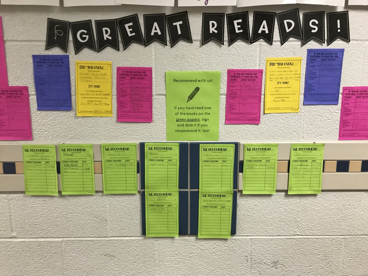 CynthiaSchwind's tweet photo. This is an awesome hallway display! Looking for something to read next? Check here! Add your name to the list if it’s one you’ve read! @BrooksideTweet @MrsPogal @PettiferSuz @GCSDsuper https://t.co/ybRwZIy6Hf