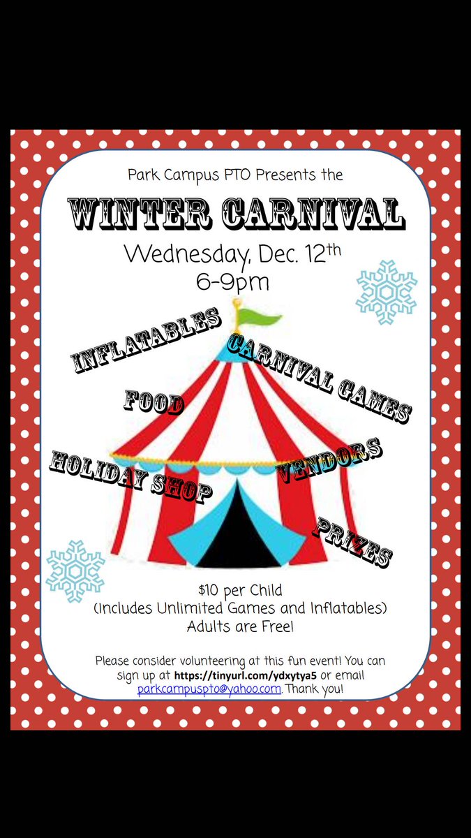 ParkCampusPTO's tweet photo. Come join us at the Winter Carnival this year! We'll have lots of games, inflatables, prizes, food, and more! 
Please sign up and volunteer if you can. This is a big event and we can't do it without your support! https://t.co/XaerBq3rDH https://t.co/MzEEDlOdqW