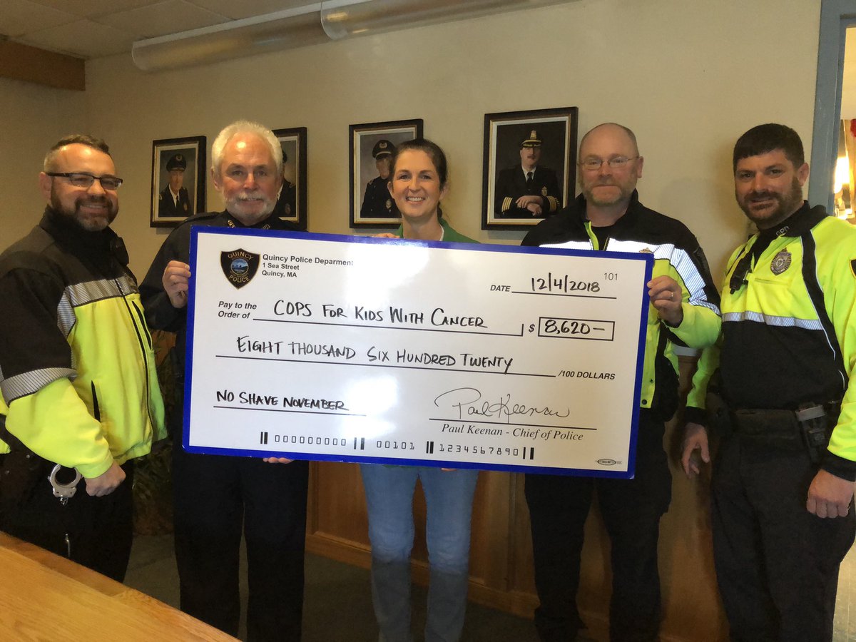 quincymapolice's tweet photo. This afternoon, Chief Keenan presented Helena Rafferty, President of Cops For Kids With Cancer, a check in the amount of $8,620. All funds were raised during #NoShaveNovember! For a $7,500+ donation, we could keep our beards until Dec 31st
#Movember #CFKWC #CopsForKidsWithCancer https://t.co/Yzst0tI5Hq