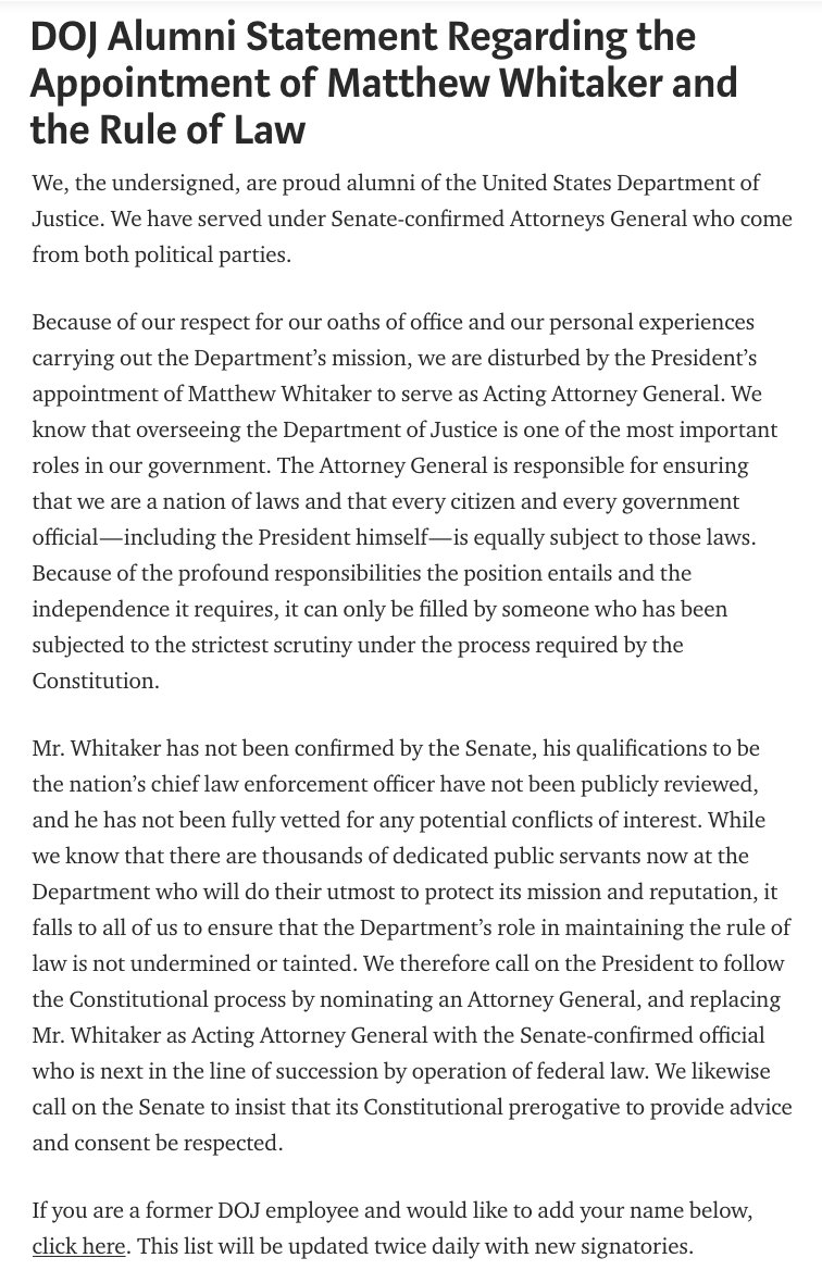 ZoeTillman's tweet photo. NEW: More than 400 Justice Department alumni have signed a statement saying they're "disturbed" by Acting Attorney General Matthew Whitaker's appointment https://t.co/1w6DJQ1XaQ https://t.co/iY78sS46Z6