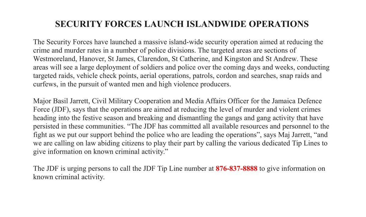 The Security Forces have launched a massive island-wide security operation aimed at reducing the crime and murder rates in a number of police divisions. The targeted areas are....