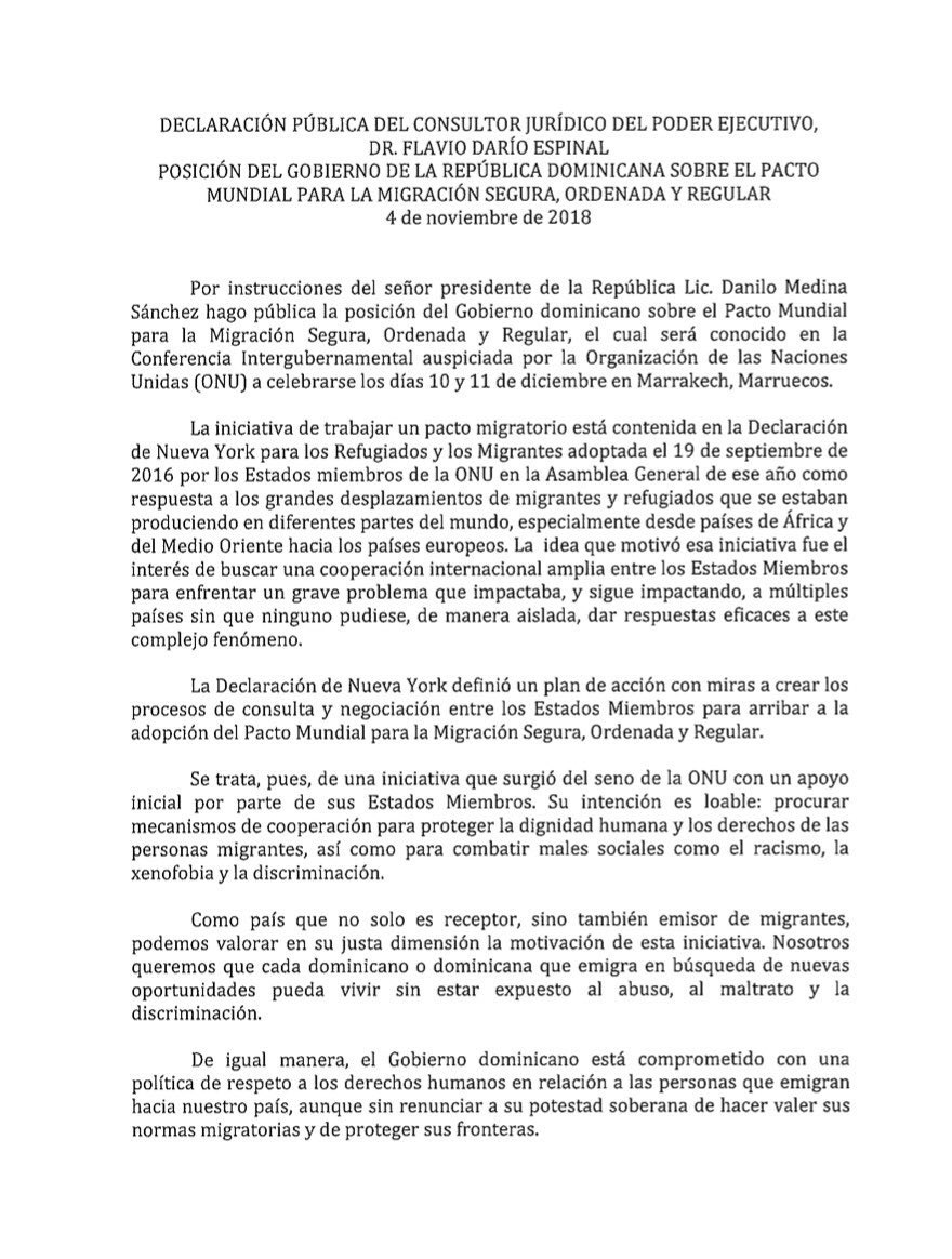 MAXCOMSA's tweet image. Gobierno dominicano no firmará ni adoptará el Pacto Mundial de Migración propuesto por la ONU.
Esta es la posición del Gobierno dominicano sobre el Pacto Mundial para la Migración Segura, Ordenada y Regular de la ONU a ser conocido por los países miembros el 10 y 11 de diciembr