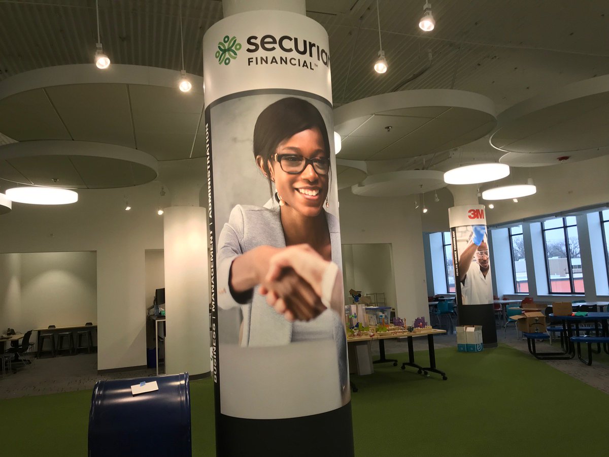 JA_North_'s tweet photo. The first of our career industry pillar wraps were installed today. Thanks @3M, Hubbard Broadcasting, @MAMortensonCo, and @Securian for giving kids a visual way to learn about careers! #JAUM #WorkReadyMN https://t.co/fn0ncIqliT