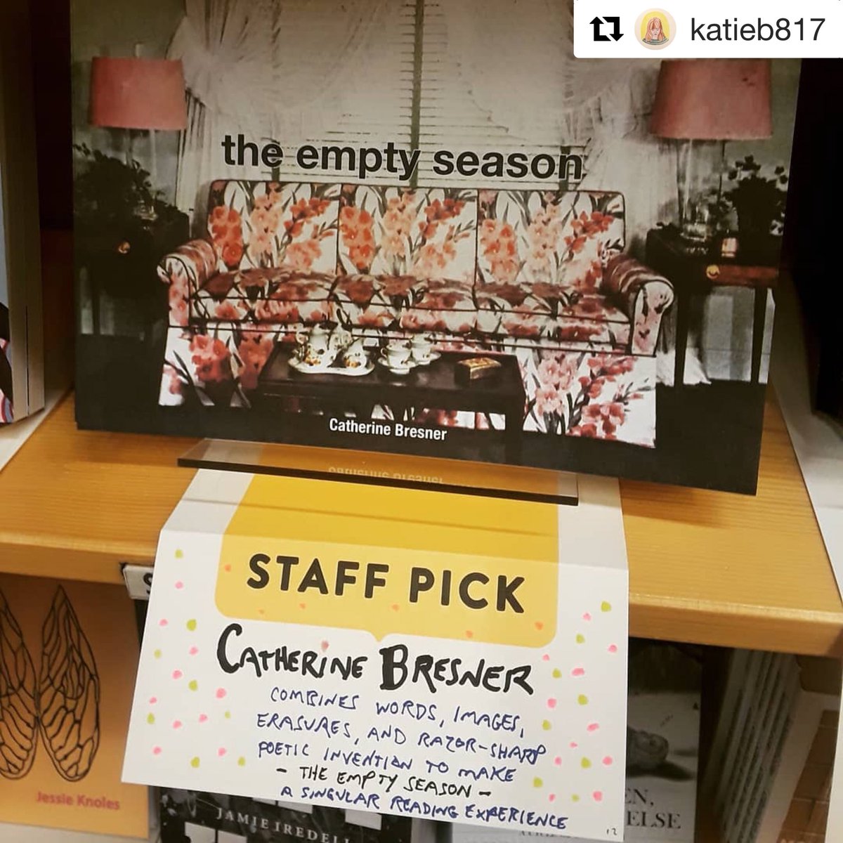 Diode Editions 🇵🇸🇵🇸🇵🇸 (@diodeeditions) on Twitter photo .<a href="/cbresner/">Catherine Bresner</a>’s hybrid poetry collection THE EMPTY SEASON is a staff pick <a href="/Powells/">Powell's Books</a>! Thank you, @kevinsampsell!
“Catherine Bresner combines words, images, erasures, and razor-sharp poetic invention to make THE EMPTY SEASON a singular experience.” 🎉 🎶 .<a href="/cbresner/">Catherine Bresner</a>’s hybrid poetry collection THE EMPTY SEASON is a staff pick <a href="/Powells/">Powell's Books</a>! Thank you, @kevinsampsell!
“Catherine Bresner combines words, images, erasures, and razor-sharp poetic invention to make THE EMPTY SEASON a singular experience.” 🎉 🎶