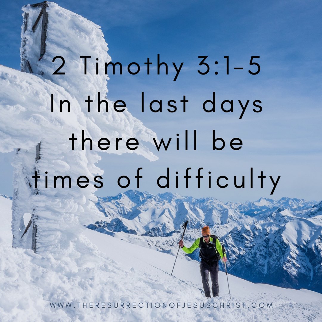 Resurrection40's tweet image. In the last days times of difficulty. Jesus will be with you, so fear not. Dwell with God and invite Him into your heart. God loves you! #Share this post and help others to know #God and #Pray for the best. #Donate #Invest

Read 2 Timothy 3:1-5