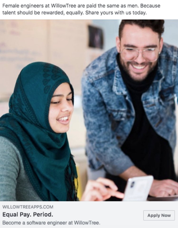 nerdette's tweet image. Why did this ad featuring real @willowtreeapps employees get denied by Facebook? They included the words #equalpay. I find out why in my latest for @ForbesWomen forbes.com/sites/tanyatar… #changetheratio #womenintech #GenderPayGap #paygap #TuesdayThoughts