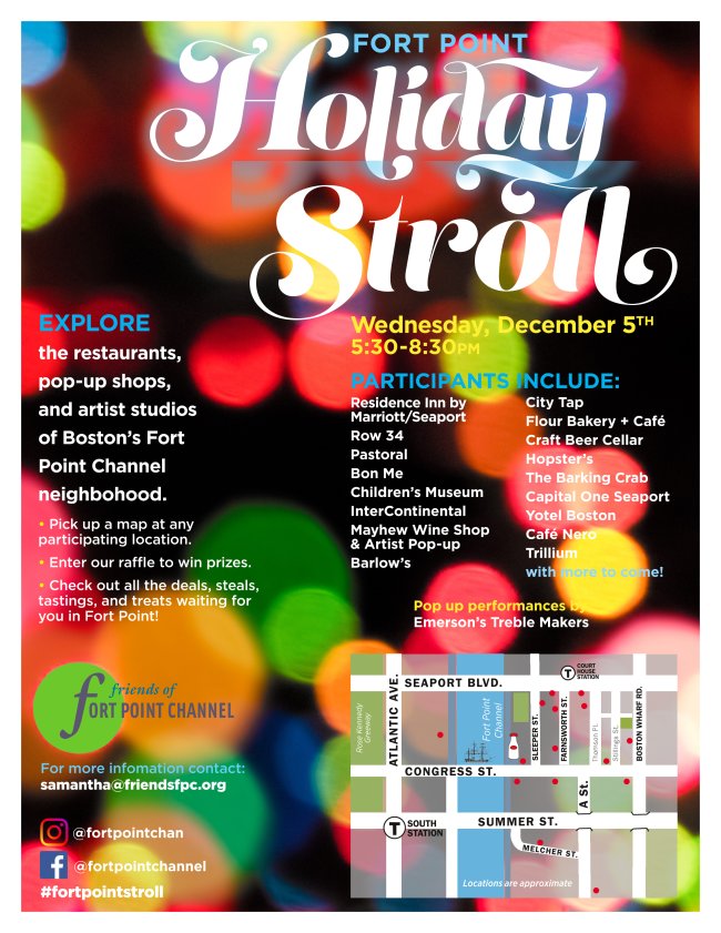 CommunityGal's tweet photo. Get festive #FortPoint style with #FortPointStroll Wed 12/5 5:30-8:30pm, @249AStreet Holiday Art Sale Sat 12/8 11am-5pm + @ICAinBOSTON Harbor Market 11am-4pm &amp; #Row34 #holiday popups Sundays 4-6pm. Plus Mayor @marty_walsh tree lighitng 12/9 noon at M Park https://t.co/C32VqVJzv0 https://t.co/sHfsa5Pt2Q