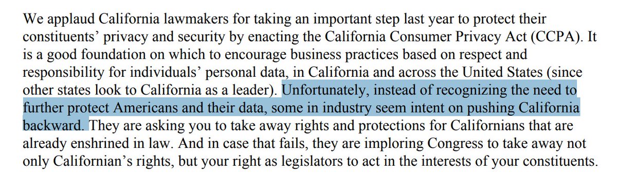 Fifteen public interest groups, including <a href="/ACLU_NorCal/">ACLU of Northern CA</a>, <a href="/EFF/">EFF</a>, <a href="/CSKidsAction/">Common Sense Kids Action</a>, and <a href="/CALPIRG/">CALPIRG</a> warn against tech industry’s efforts to weaken <a href="/caprivacyorg/">Californians for Consumer Privacy</a> #CCPA 
and “take away rights and protections for Californians that are already enshrined in law”

advocacy.consumerreports.org/wp-content/upl…
