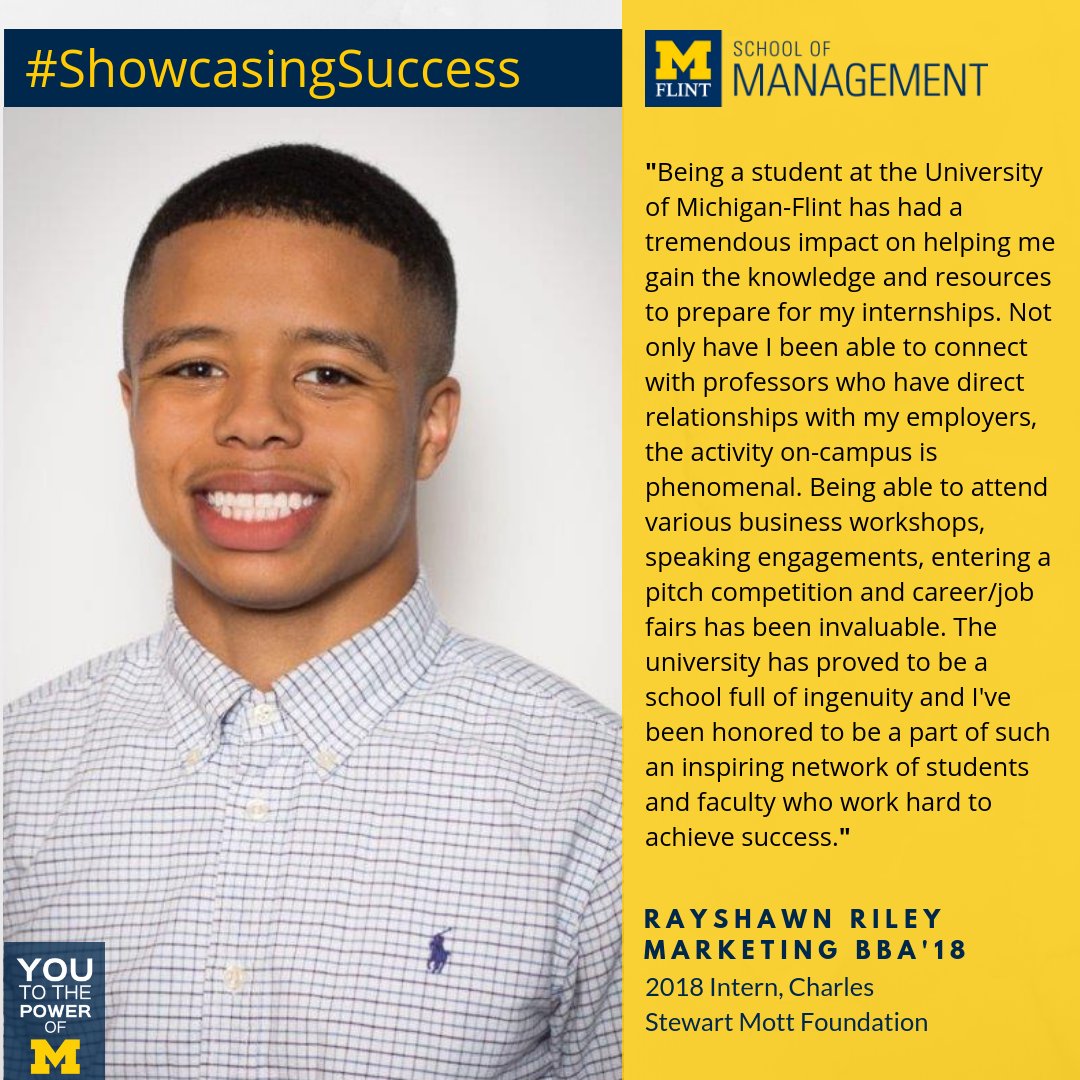 UMFlintSOM's tweet photo. This week's #ShowcasingSuccess features Rayshawn Riley. Rayshawn had the opportunity over the summer to be an intern for the Mott Foundation & earn credits towards his Marketing degree. He plans to continue working at the @TheFerris_Wheel after he graduates this month! #UMFlint https://t.co/MPA2FetAFW