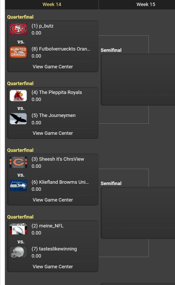 arbeitskollege's tweet photo. Playoffs Baby! #ranNFLfantasy
Herzlichen GlΓΌckwunsch zum Einzug in die Endrunde #rannfl1
@p_butz vs @futbolverruckt
@Pleppita vs @Ghost
@ChrsView vs @Elmo_Corleone
@meine_NFL vs @tasteslikecyan https://t.co/1KCzv4jC2y