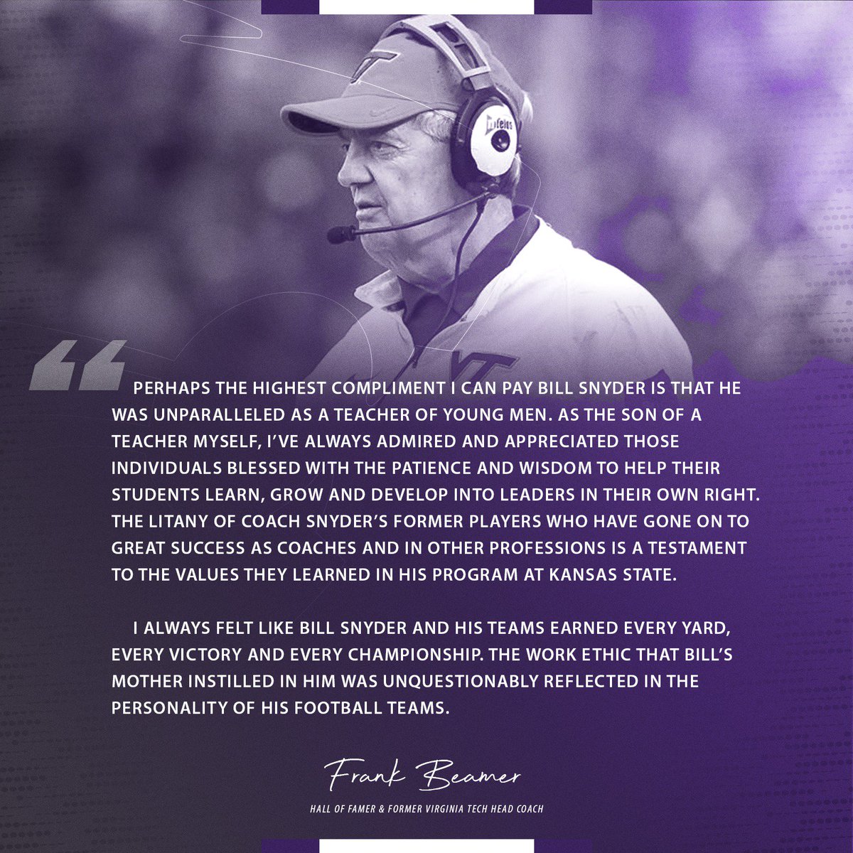 KStateFB's tweet photo. "He was unparalleled as a teacher of young men."

🎙 Frank Beamer | 📝 https://t.co/xaepHXv7Py 

#ThanksCoachSnyder #KStateFB https://t.co/ZabNaCN5Mp