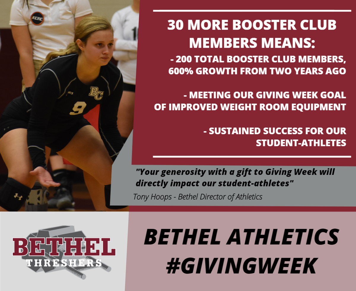 200 members=600% growth! SHARE the word to help @Thresher_Sports during #GivingWeek! Daily prizes to new donations, still supporting the work of Bethel Athletics, and directly impacting our student-athletes with workout equipment upgrades!
Donate here: goo.gl/54bAjv