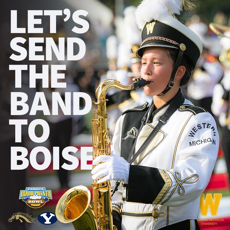 wmualumni's tweet photo. Our football team is heading to Boise for the Famous Idaho Potato Bowl. Let’s come together and help send the @WMUBroncoBand along to cheer them on! Make a gift today: https://t.co/OxEHMRJjLk https://t.co/wsPW5N9d88