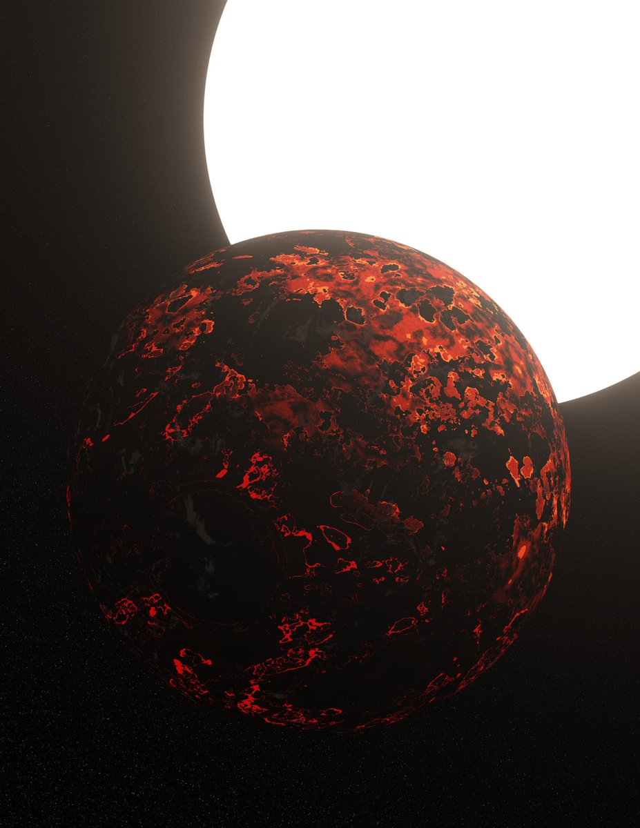 Artist's concept of Kepler 78b - A rocky planet so close to its star that the surface is likely molten. Lava on the surface, and a nearby sun.