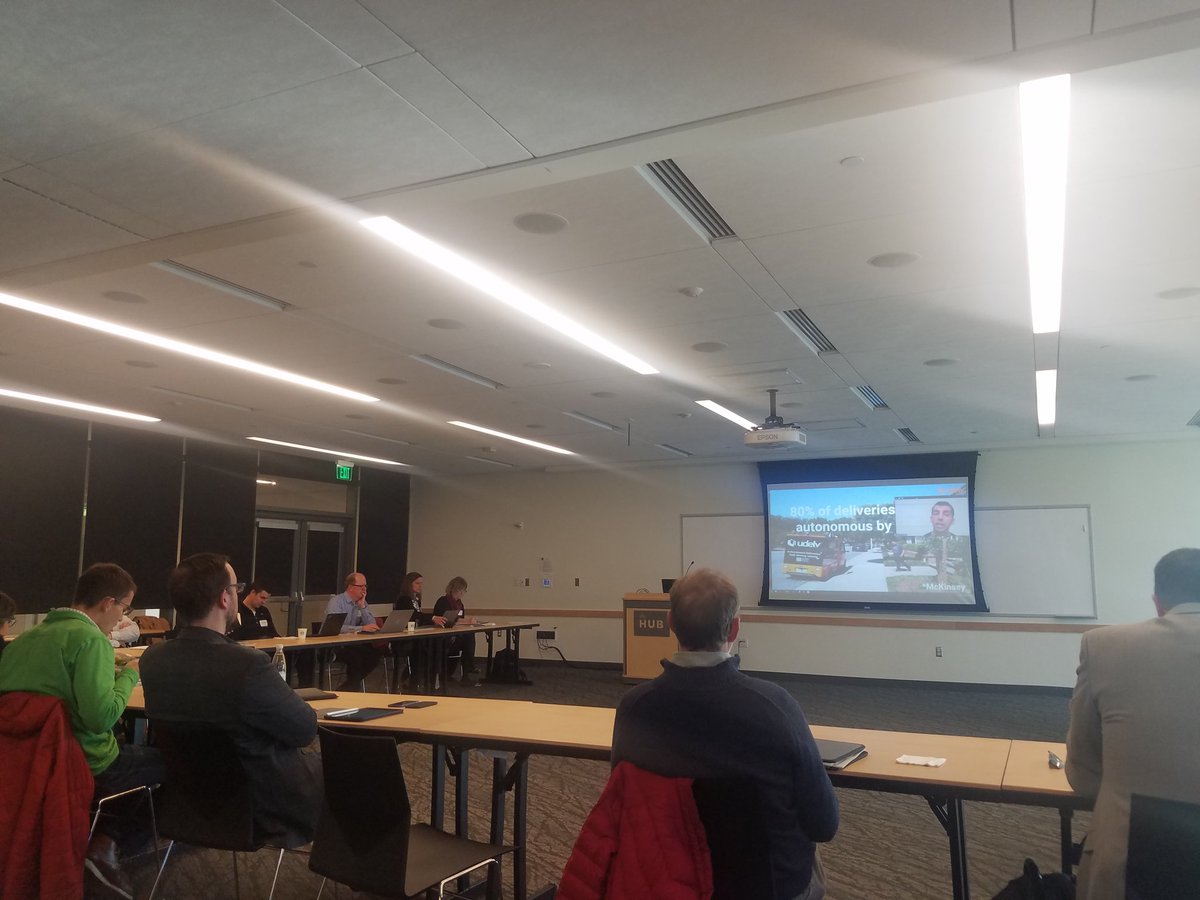UWSupplyChain's tweet photo. Hearing about new technology to solve the #Final50Feet of the supply chain from @udelv_av at #TechDay18. #UrbanFreightLab https://t.co/OrGSnxHpq7