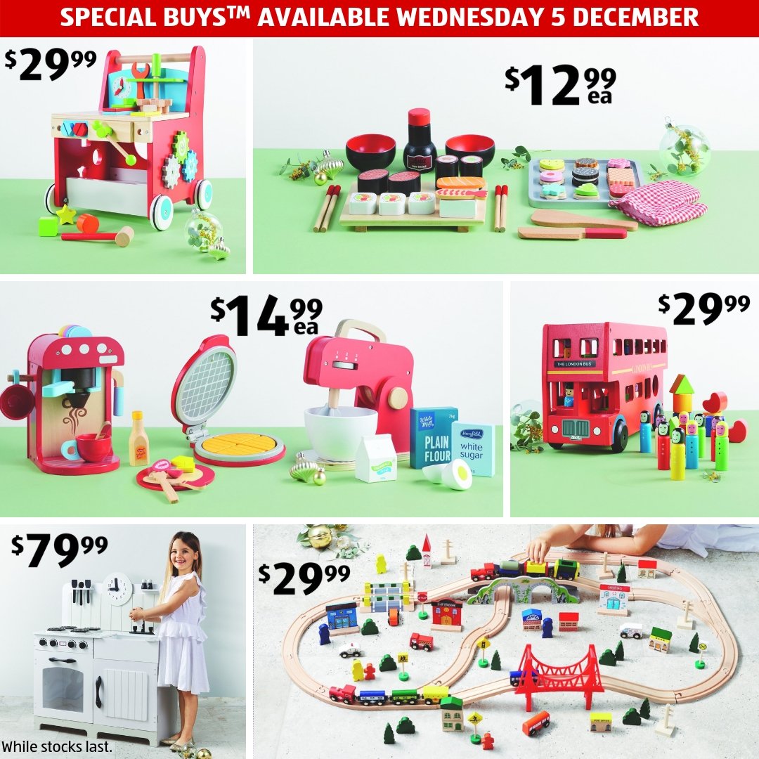 ALDIAustralia's tweet photo. Check out the wooden wonders the elves have come up with for Christmas this year! Available today https://t.co/rXKVk2loan #WoodenWalkers #Kitchen #ToolBench #LondonBus #WoodenKitchen #WoodenTrains #WoodenPlaySets #WoodenFood #WoodenToys https://t.co/7x38S6lbuK