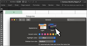 DaveinCowes's tweet photo. @kabat9 @OfficeInsider found it! it's under the MAC Settings > General > Appearance, Light or Dark. Office changes to the same theme as selected for your OS.  #darkmode #office365 #officeformac https://t.co/laMCBqWcHc