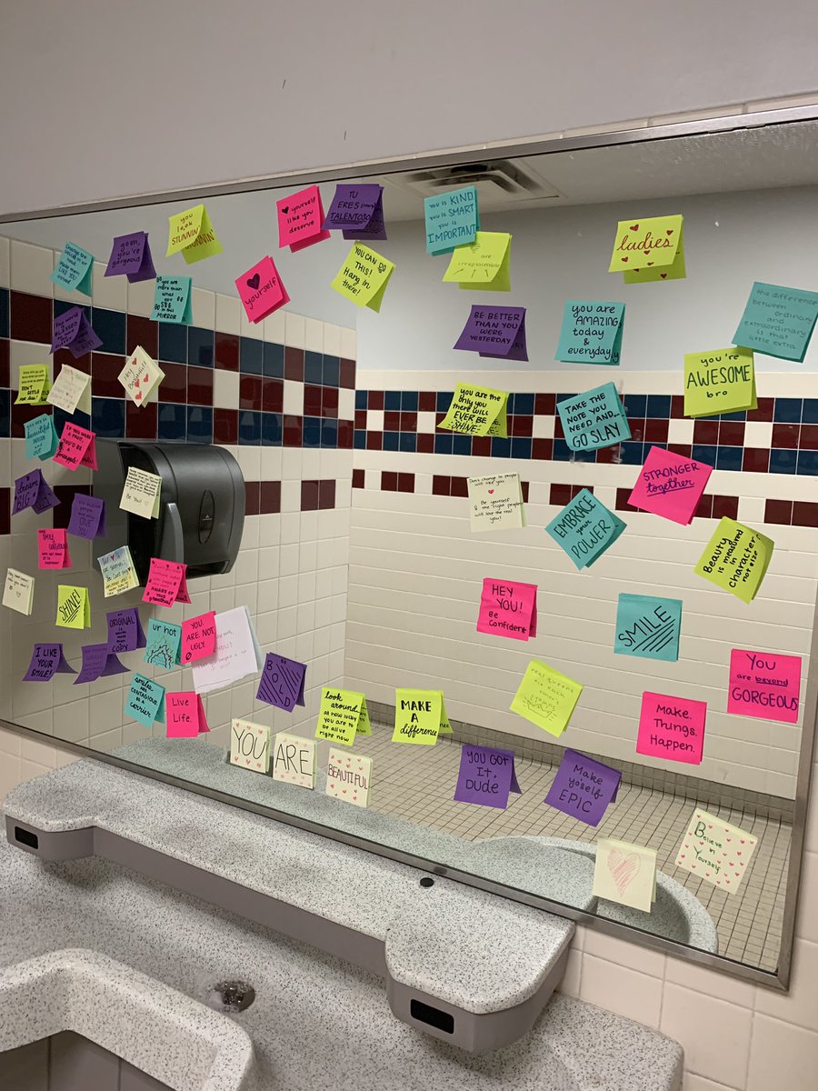 RiceMSCole's tweet photo. Our AMAZING Rice students decorated the 8th Grade Girls bathroom today with wonderful notes of encouragement and positivity. https://t.co/TsNR0qr2Wt