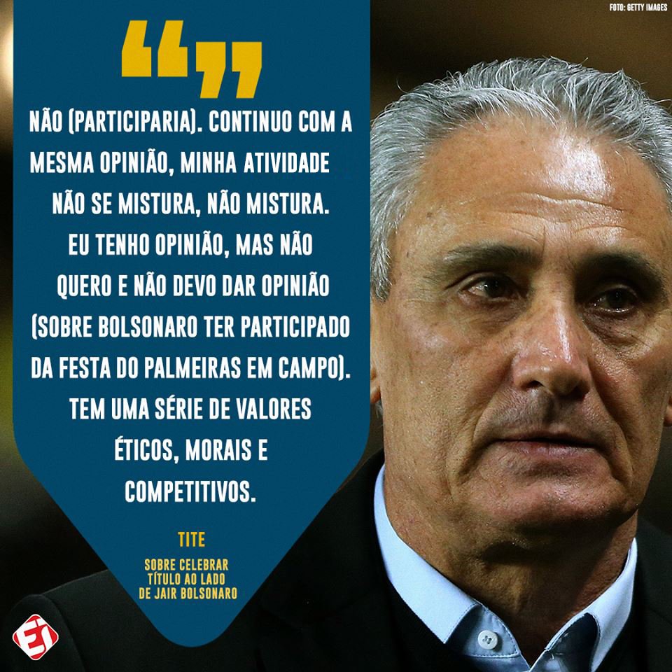 TNTSportsBR's tweet image. Perguntado se participaria de uma festa de título com Bolsonaro, Tite mandou essa aí. Concorda, torcedor?