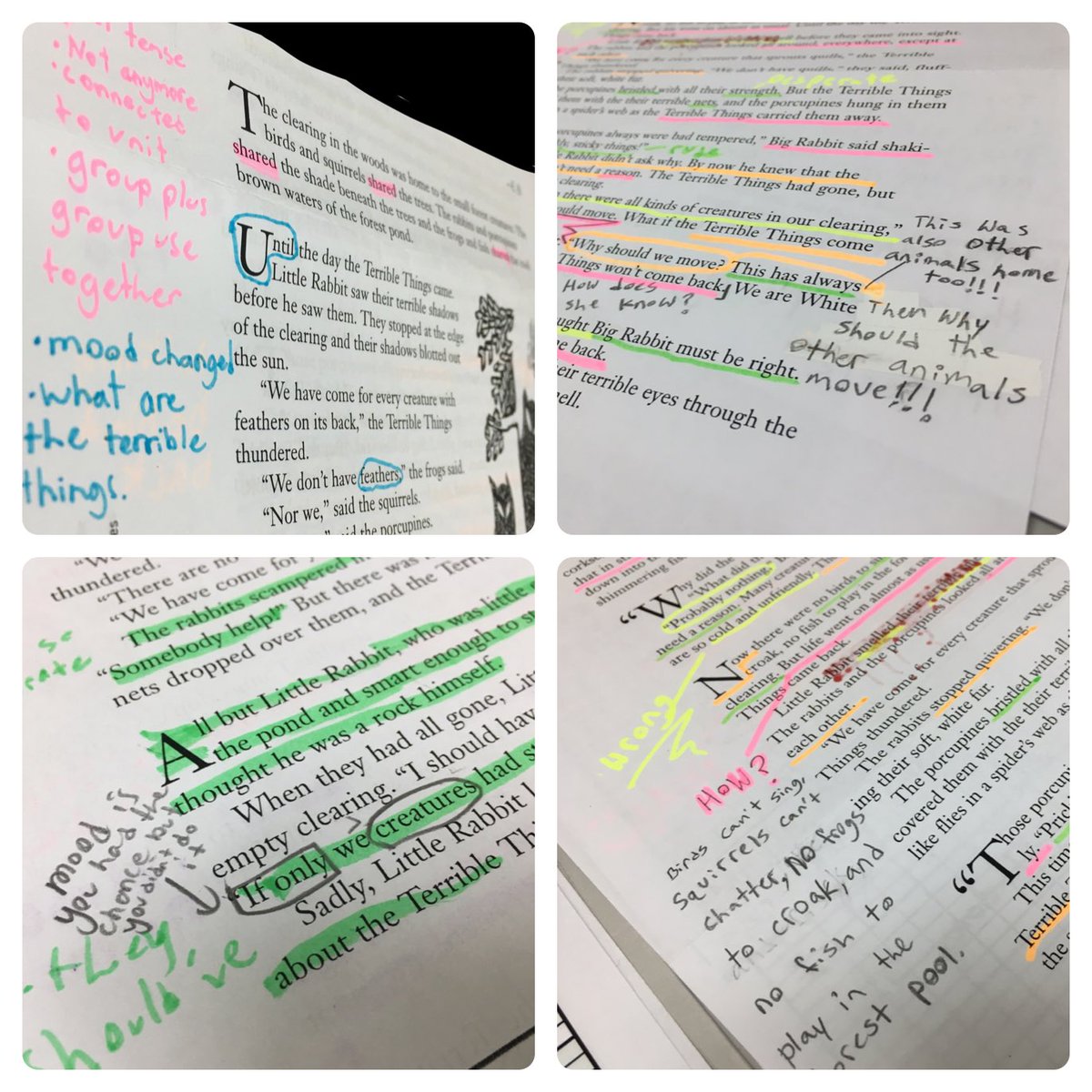ProseAndConns's tweet photo. ❤️reading the thoughts of G4 students as we analyze TERRIBLE THINGS by #evebunting. #readingstrategies #closereading skills #constructingmeaning #ESL #EAL #ELL #pyp https://t.co/DnPk67WZTQ