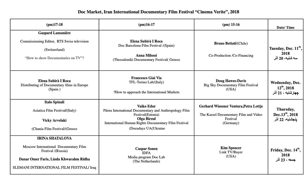 VeriteCinema's tweet photo. Dear filmmakers, guests, and audience of Cinema Vérité ; Iran International Documentary Film Festival attached you can find the Market schedule https://t.co/JGOeDWzVz8